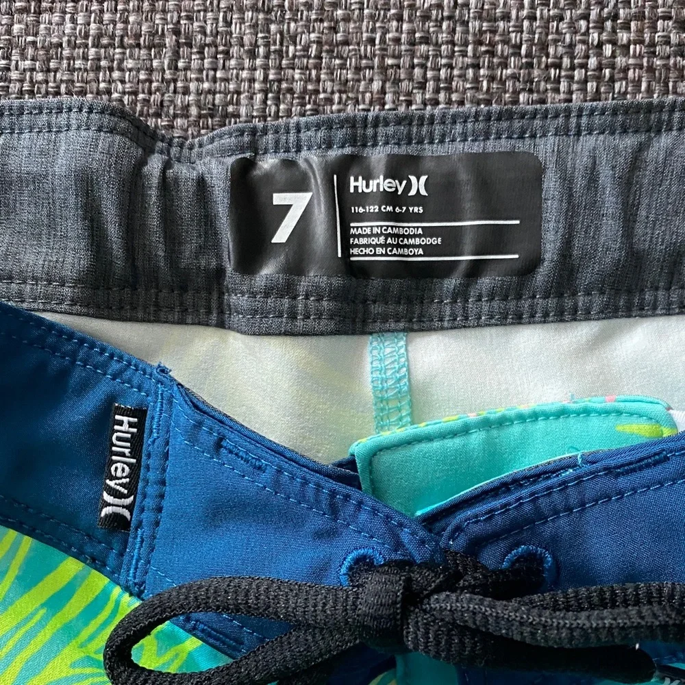 Boys 7 Hurley Blue Boardshorts Unlined Swim Trunks, Tropical Print, Blue, Teal